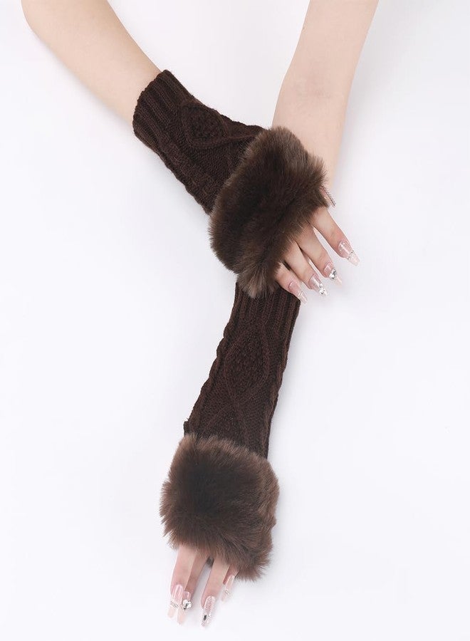 CABODYALS 2 Pairs Brown Knit Fingerless Gloves Winter Crochet Coffee Furry Arm Warm Sleeves Soft Fluffy Knitting Thumb Hole Faux Fur Hand Wrist Warmer Mittens for Women Typing Driving Activity Outings - Image 3